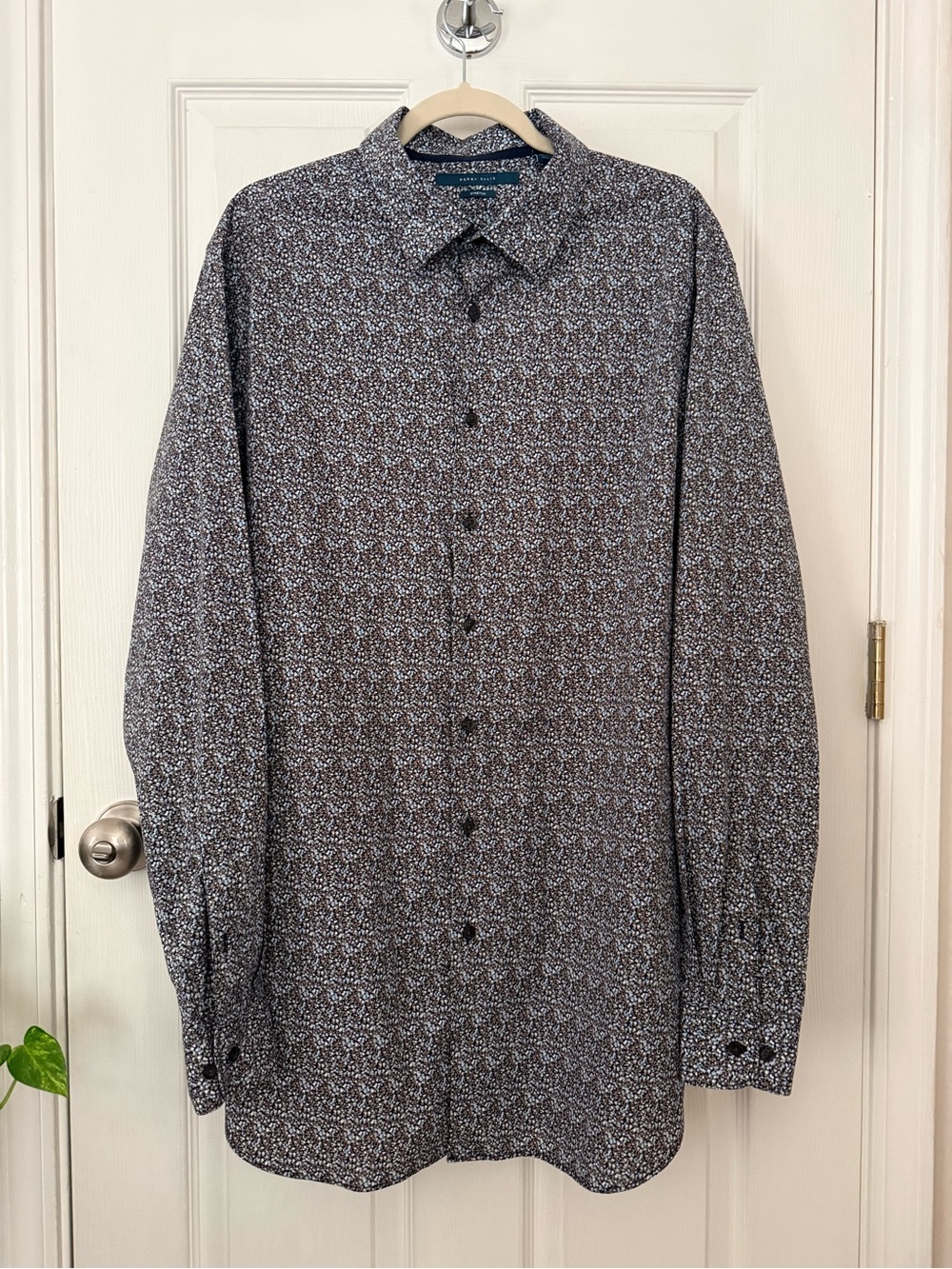Perry Ellis Floral Stretch Button Down Shirt Men XLT Blue Brown Long Sleeve